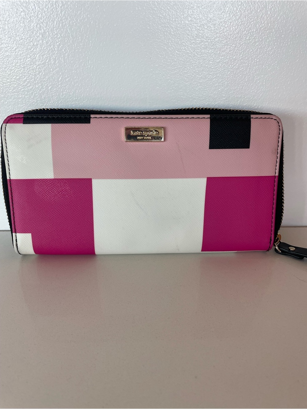 Kate Spade Colorblock Zip Around Wallet in Pink, Magenta, White & Black